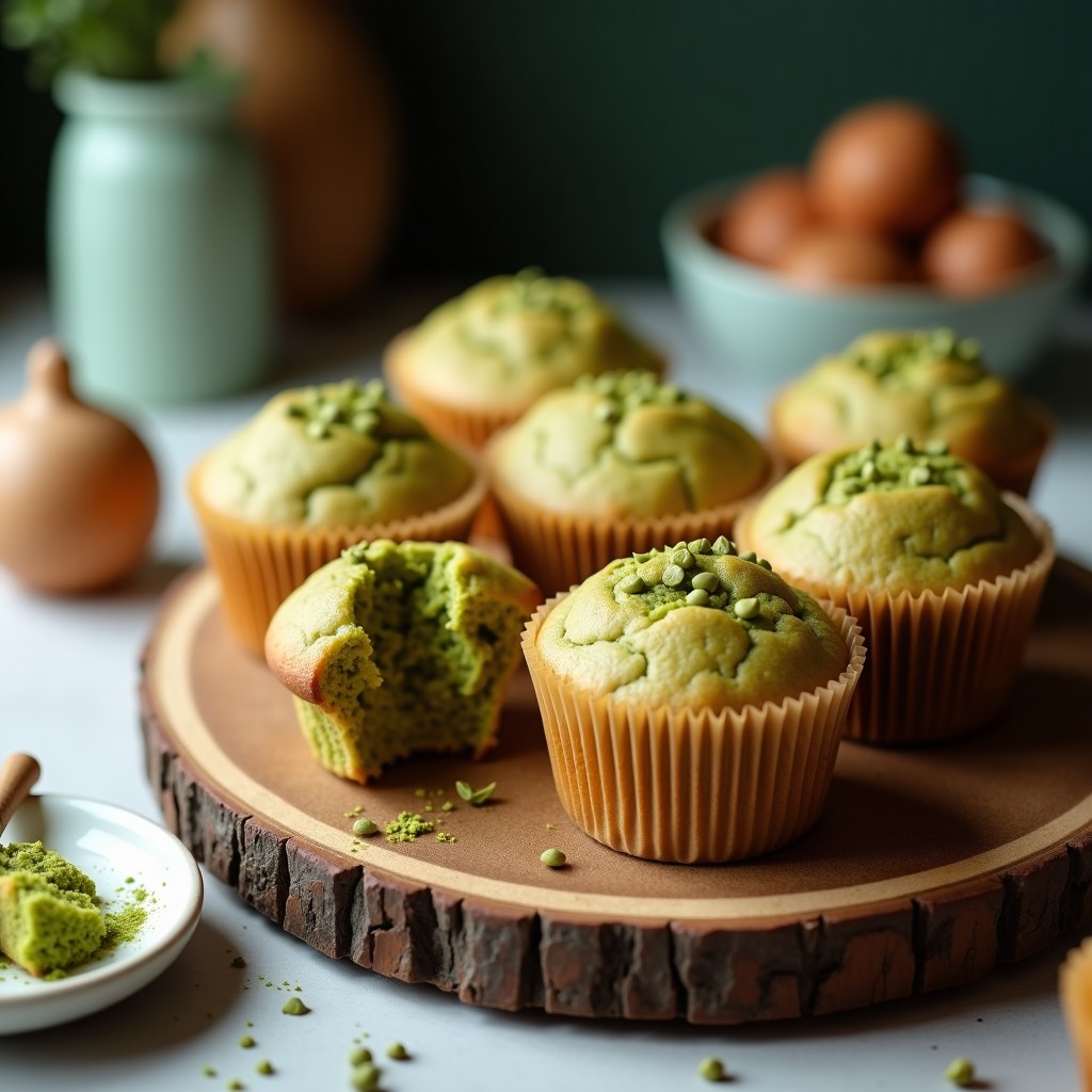 Seis muffins dorados de matcha y semillas de cáñamo en cápsulas de papel, con textura esponjosa y toques verdes del matcha, servidos en una bandeja de madera rústica. Receta keto en airfryer con semillas de cáñamo visibles en la superficie.