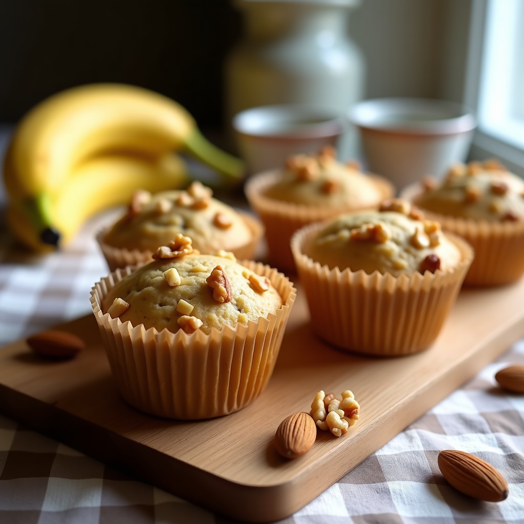 Muffins dorados de plátano y harina de almendra sobre una tabla de madera, con textura esponjosa y trocitos de nuez visibles, servidos en cápsulas de papel. Receta sin gluten y alta en potasio.