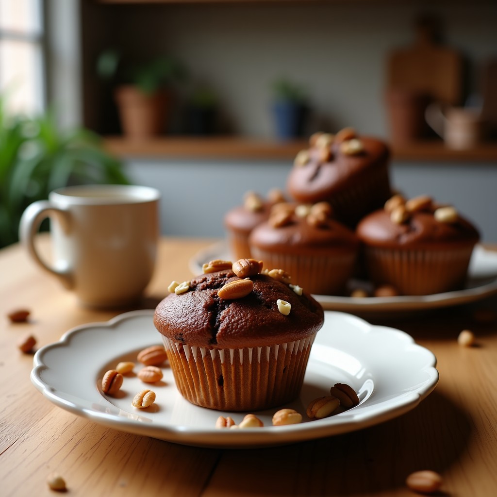 Muffins dorados de plátano macho y cacao sin harina, con toppings de nueces pecanas crujientes, servidos en molde de papel sobre una mesa de madera rústica. Receta keto y sin azúcar para desayuno saludable.