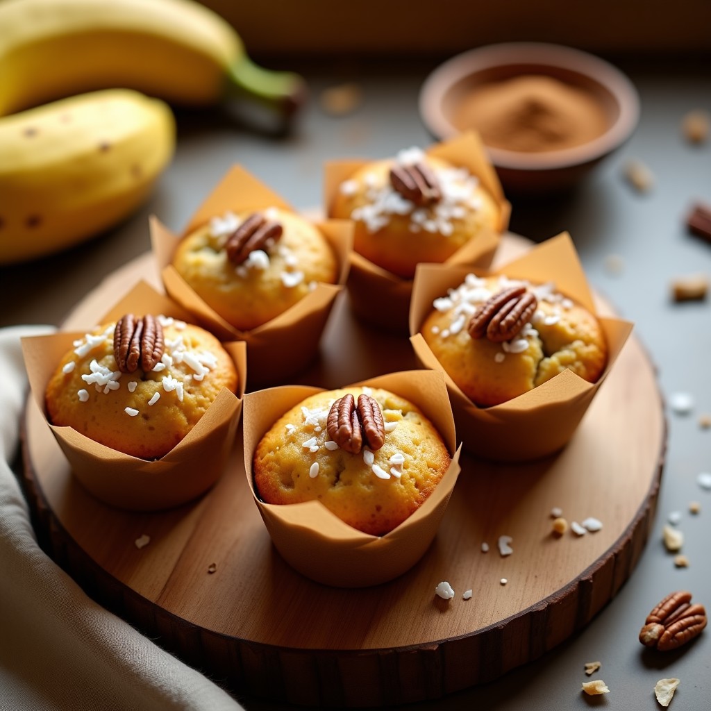 Muffins dorados de plátano macho y canela con toques de coco rallado y nueces de Brasil, servidos en molde de papel sobre tabla de madera rústica, desayuno vegano sin harina con toque caribeño.