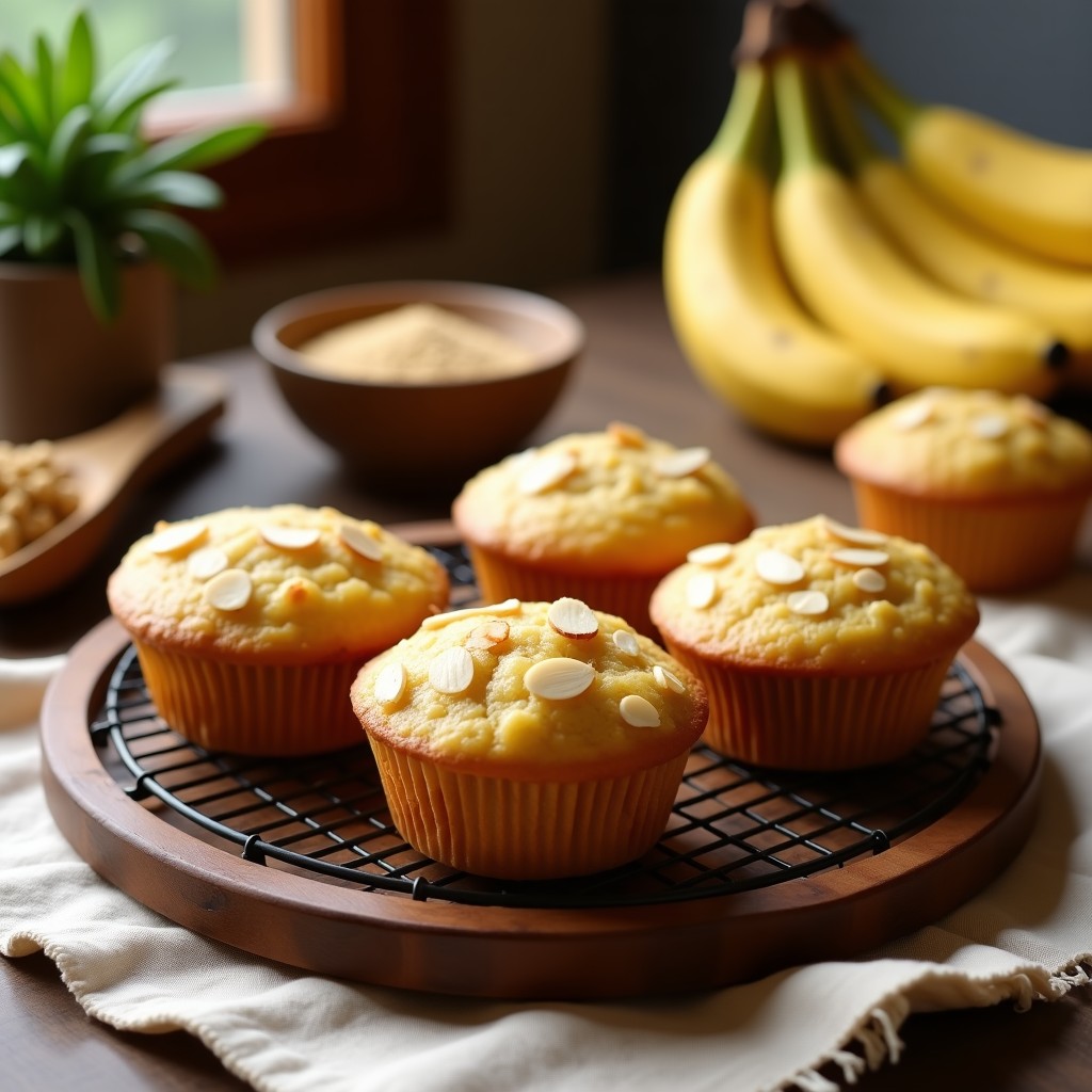 Muffins dorados y esponjosos de plátano macho y nuez moscada keto sobre una rejilla de enfriado, con almendras fileteadas en la parte superior, servidos en un plato rústico de madera con un fondo borroso de cocina moderna.