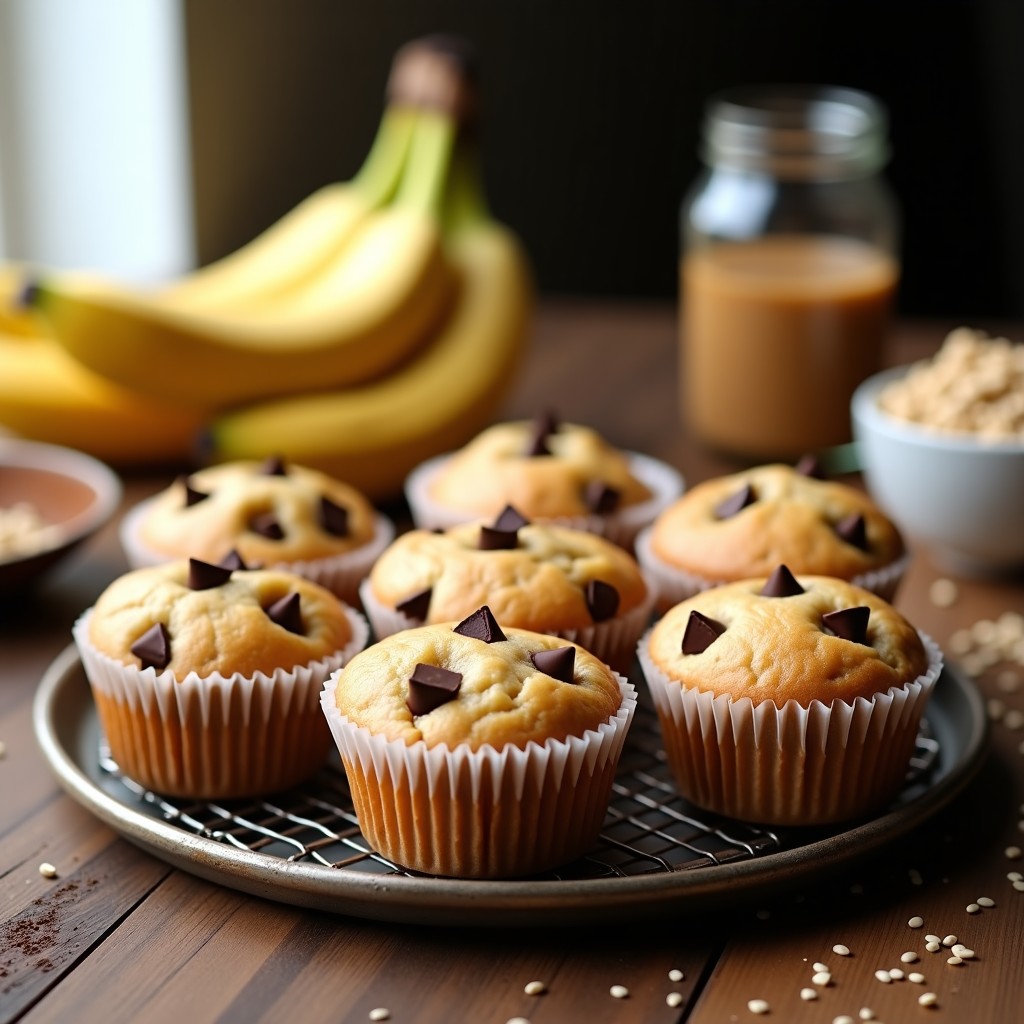 Muffins dorados de plátano y tahini con chips de chocolate negro y semillas de sésamo negro, servidos en molde de papel sobre una tabla de madera rústica, desayuno vegano y sin azúcar.