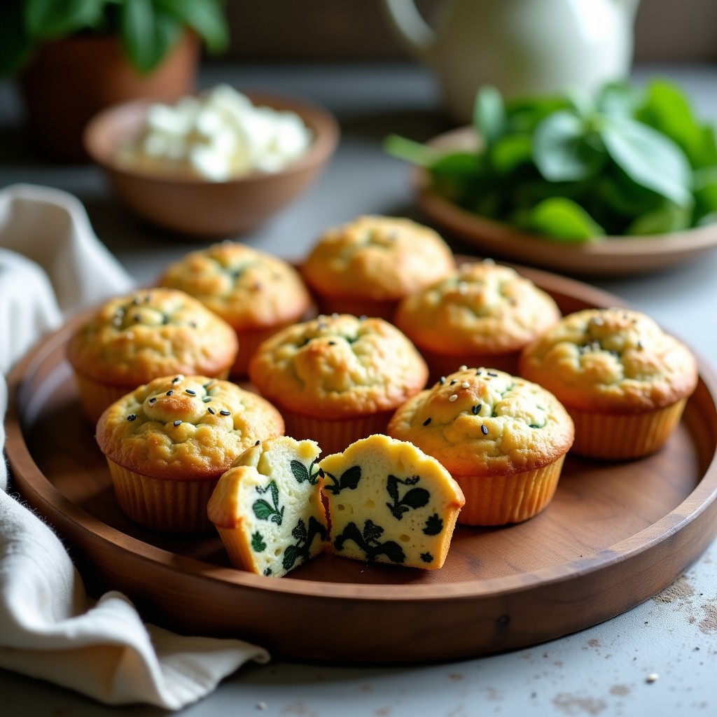 Muffins salados dorados de espinacas y queso de anacardos, veganos y sin gluten, servidos en una bandeja de madera con semillas de sésamo por encima. Receta alta en proteína y perfecta para desayunos o tupper.