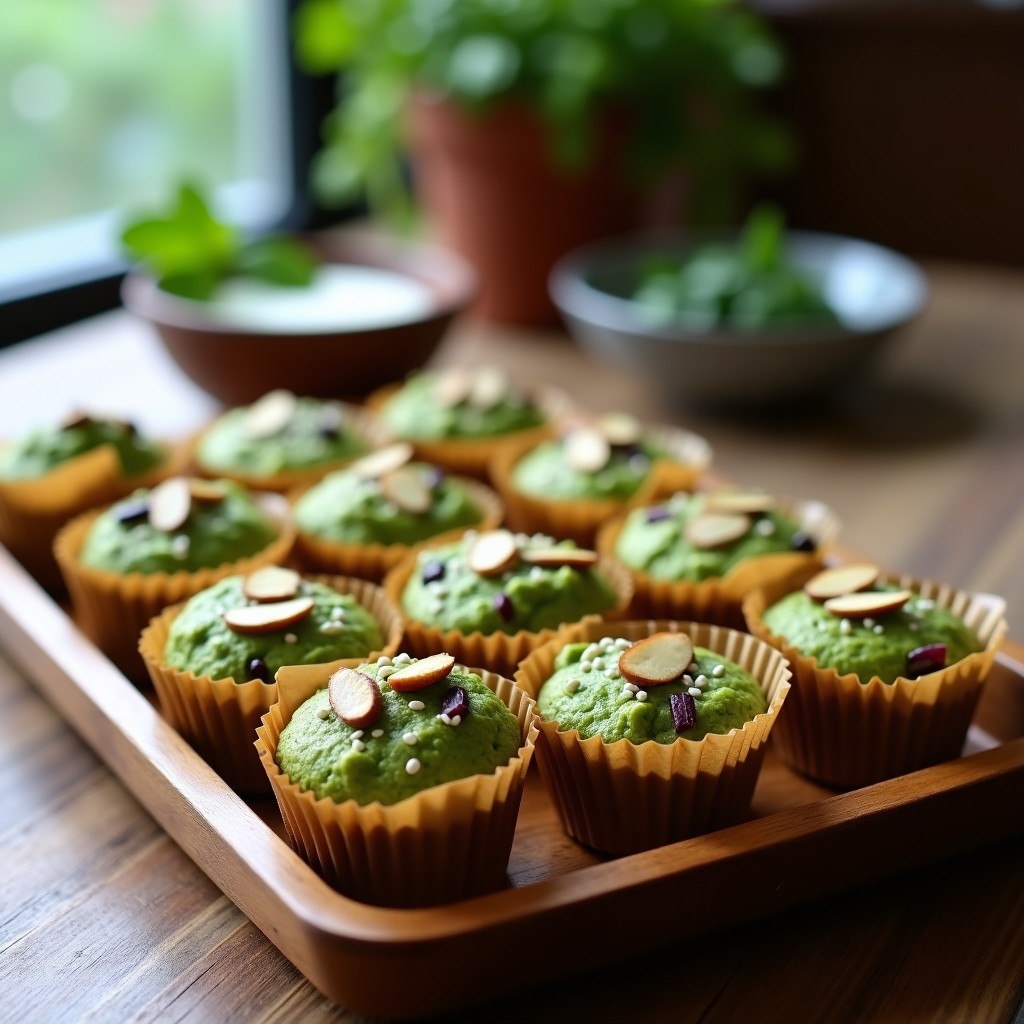 Muffins salados verdes de espirulina y queso vegano en molde de papel, decorados con almendras fileteadas y semillas de sésamo, servidos en bandeja de madera con fondo rústico.