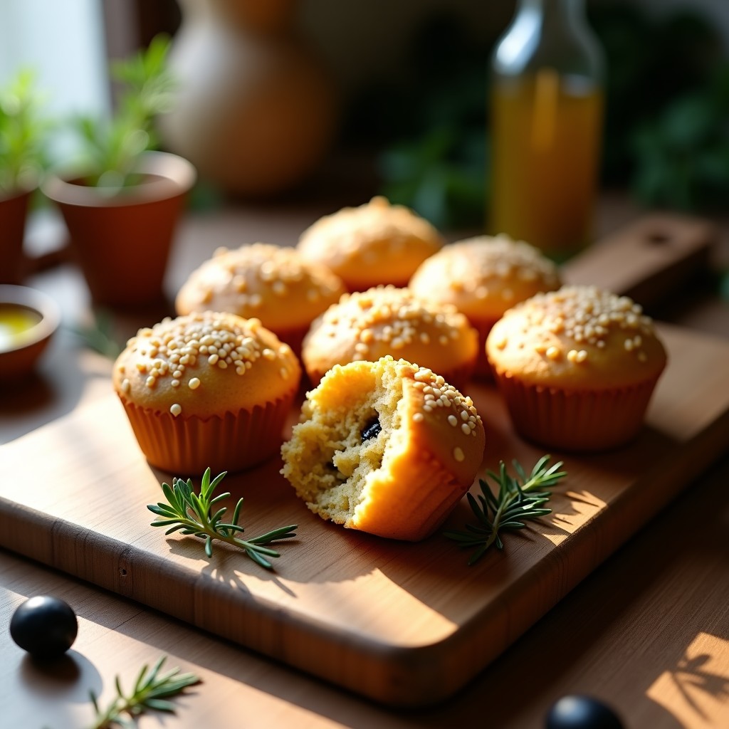 Muffins salados dorados de harina de garbanzo y aceitunas negras en molde de papel, con semillas de sésamo tostadas en la superficie, servidos en una bandeja de madera rústica con romero fresco alrededor.