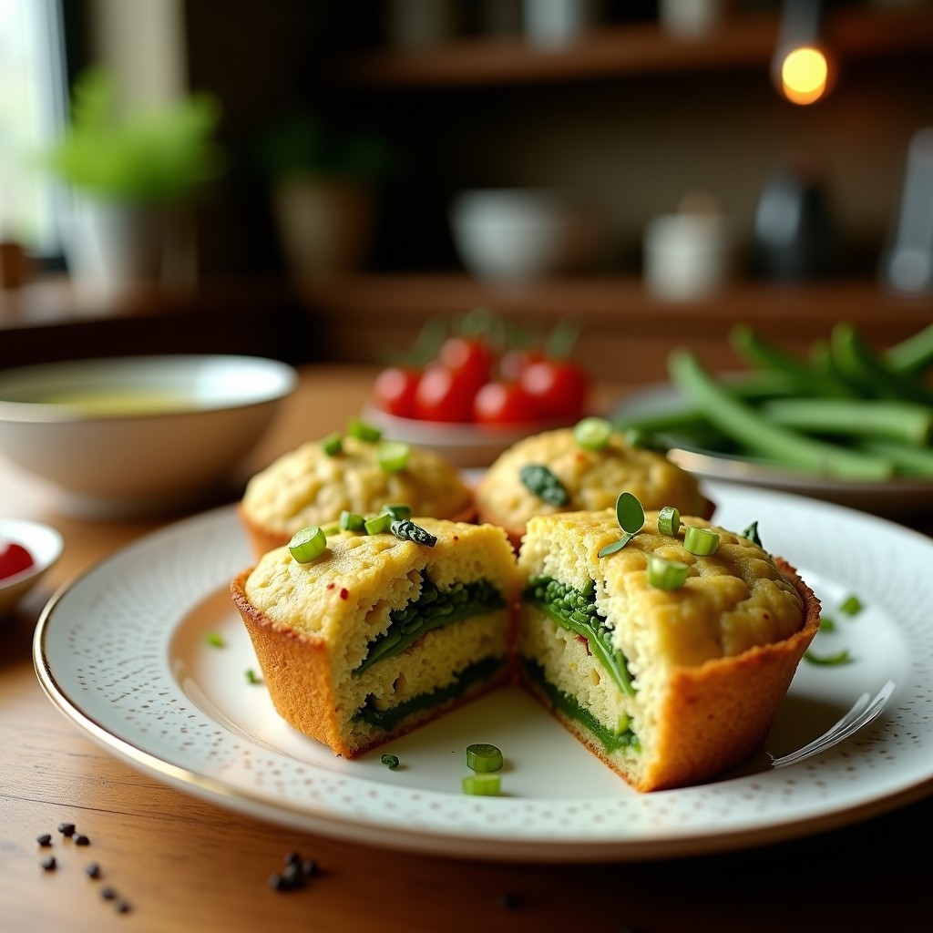 Muffins salados de quinoa y espárragos en bandeja de madera, dorados y esponjosos, con trozos de espárragos verdes asomando y semillas de girasol en la superficie. Desayuno sin gluten y alto en fibra.