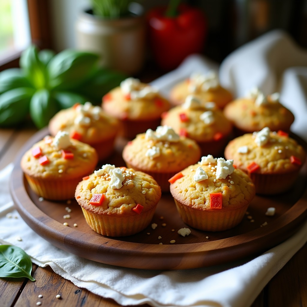 Muffins salados dorados de quinoa y pimiento asado sin gluten, con trozos de queso feta visibles, servidos en una bandeja de madera rústica sobre un mantel de lino blanco.