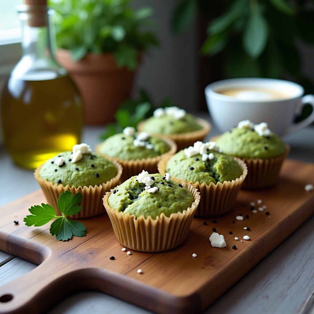 Muffins salados de color verde azulado por la espirulina, con trozos de queso feta blanco y semillas de sésamo doradas en la superficie, servidos en un plato de madera rústica con cebollino fresco espolvoreado, receta de desayuno superalimentos.