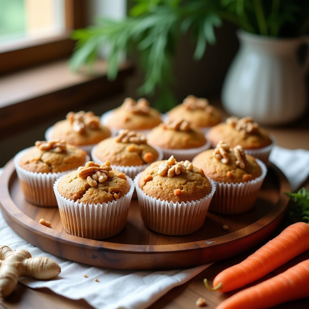 Muffins dorados de zanahoria y jengibre sin gluten en cápsulas de papel, con trocitos de nuez visibles, servidos en una bandeja de madera sobre un paño de lino. Receta ideal para desayuno saludable en tupper.