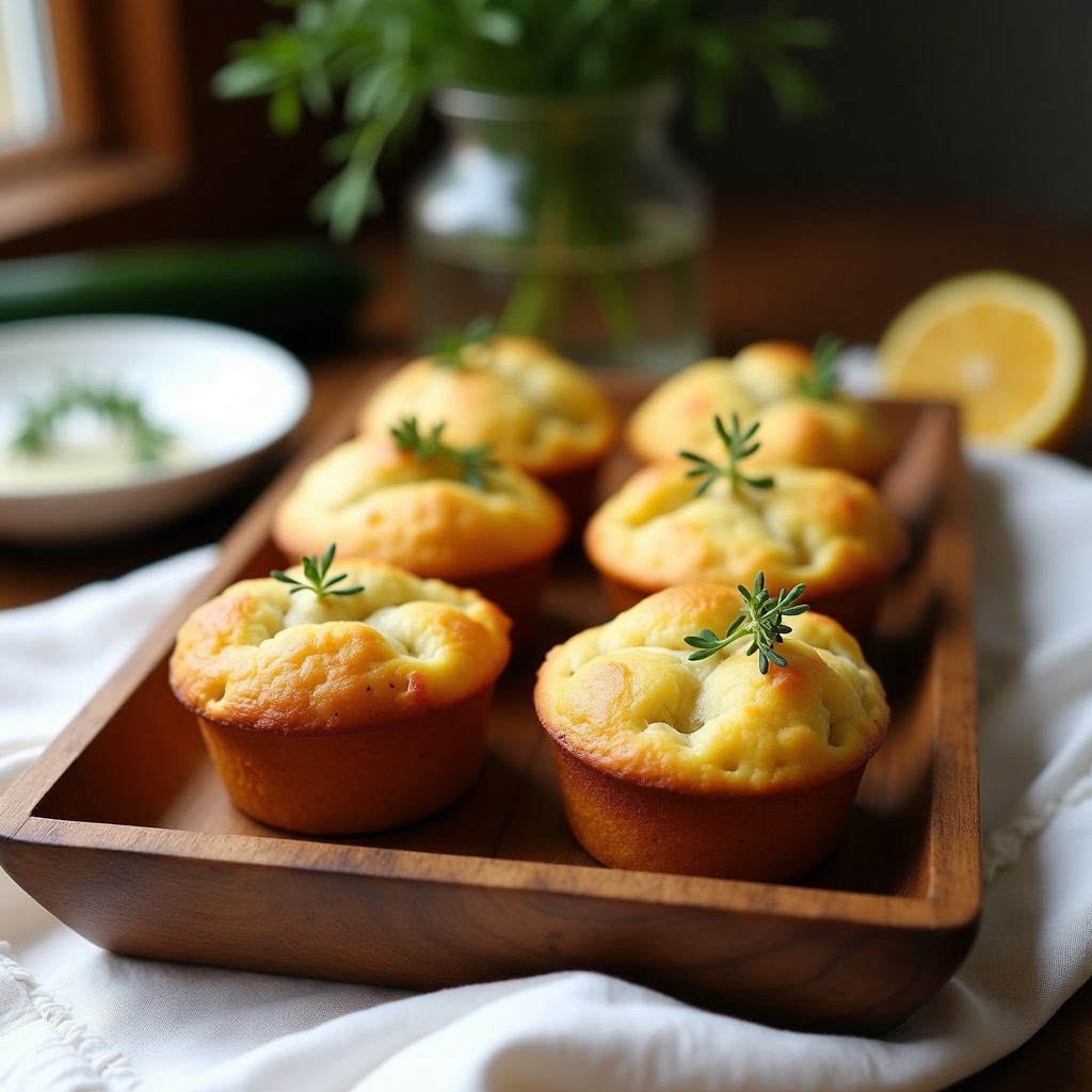 Muffins dorados de zucchini y queso de cabra con especias de hinojo, servidos en una bandeja de madera rústica sobre un mantel de lino blanco. Se aprecian trozos de queso de cabra derretido y un toque de ralladura de limón en la superficie. Receta keto sin harina para desayuno o cena.