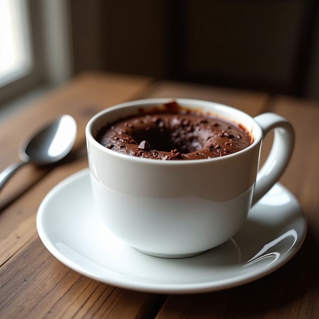 Taza blanca con mug cake de almendra y chocolate 100% keto, textura esponjosa y corazón fundente, decorado con virutas de chocolate oscuro sobre fondo rústico de madera.