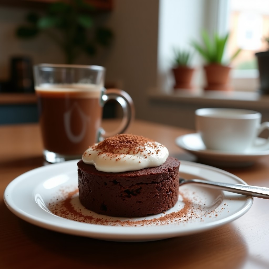 Mug cake de chocolate saludable esponjoso y rico en proteína, preparado en microondas en 5 minutos
