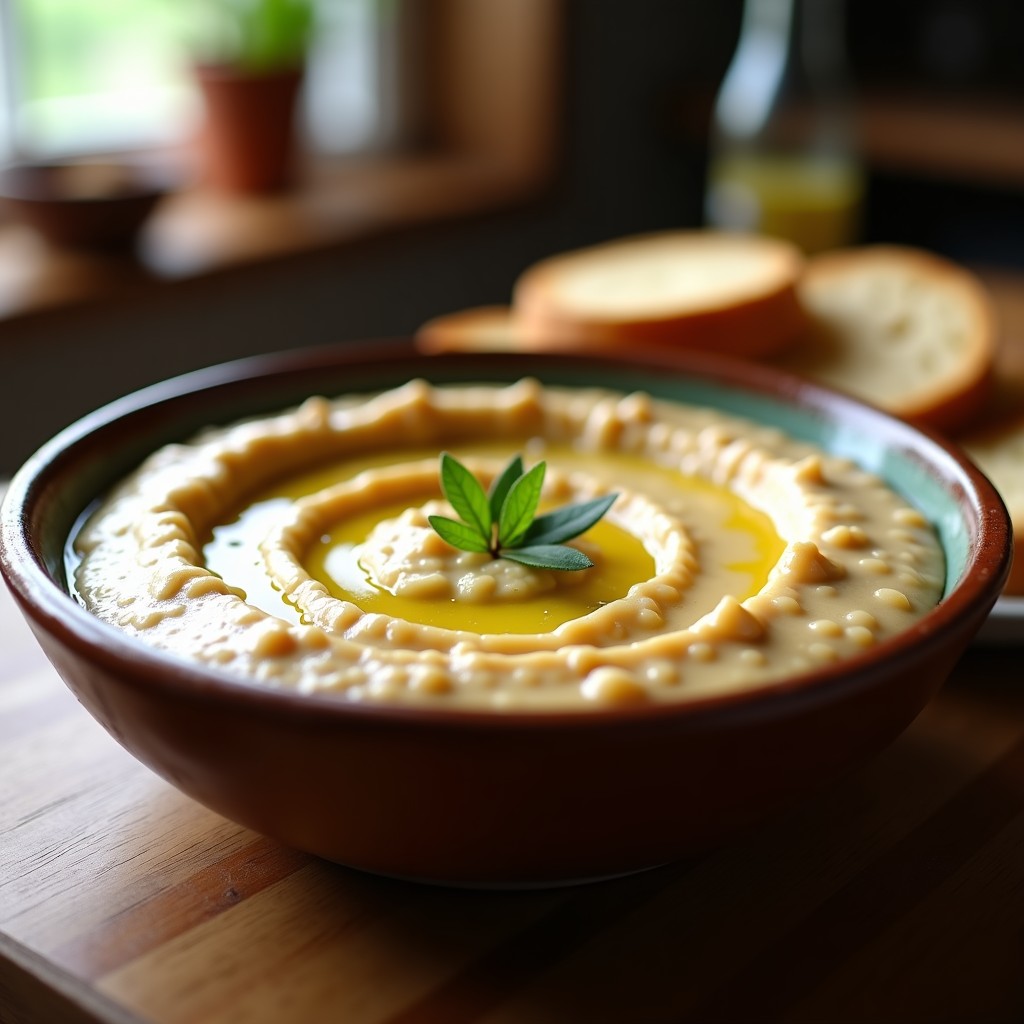 Bol de cerámica rústica con mujdei de berenjena y ajo, cremoso y de color marrón claro, decorado con perejil fresco y un hilo de aceite de oliva. Acompañado de rebanadas de pan tostado y rodajas de pepino, sobre una mesa de madera oscura con fondo borroso.