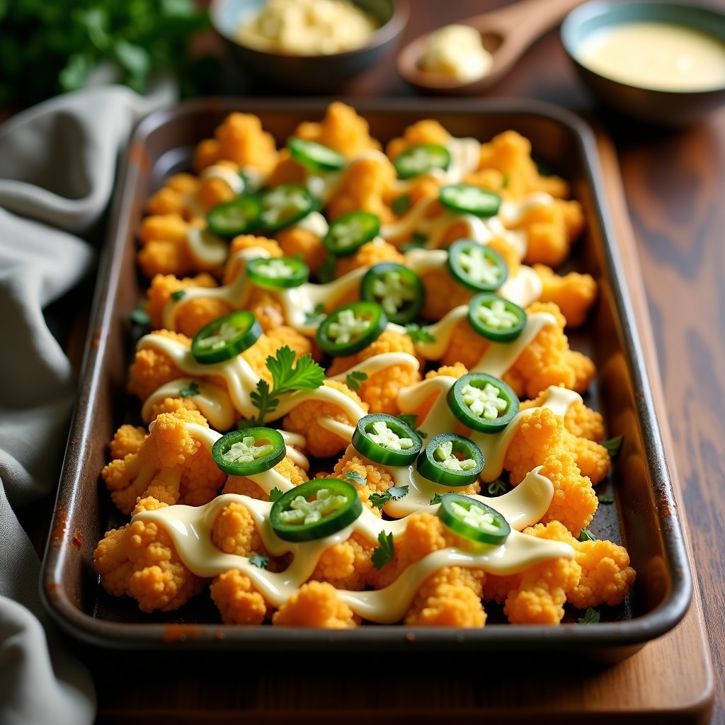 Bandeja rústica de madera con nachos de coliflor dorados y crujientes, cubiertos de queso cremoso de anacardos, rodajas de jalapeños verdes y cilantro fresco picado. Receta keto y vegana de aperitivo mexicano saludable.
