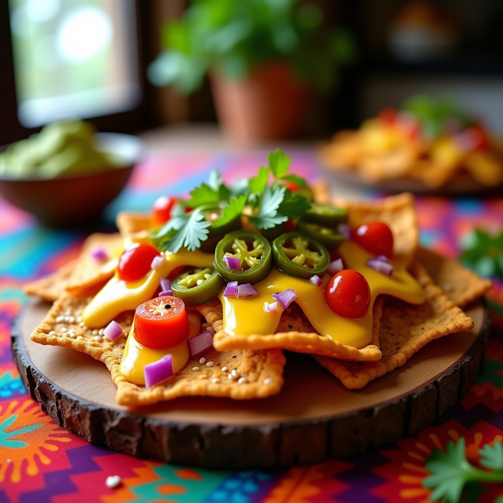 Plato de nachos dorados y crujientes hechos con lentejas y harina de garbanzo, bañados en queso vegano cremoso de anacardos, decorados con cebolla morada, tomate cherry, cilantro fresco, jalapeños y semillas de sésamo. Aperitivo mexicano sin gluten y vegano.