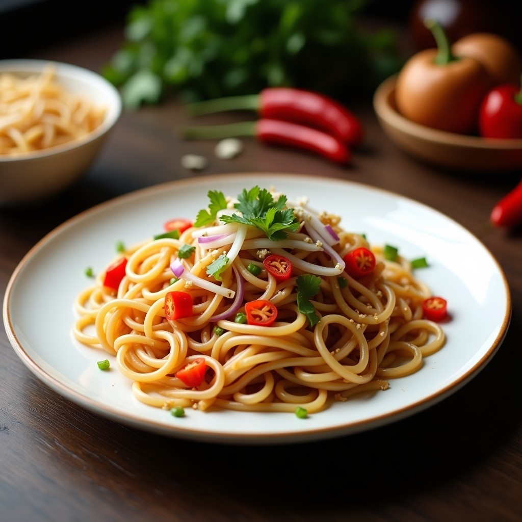 Plato blanco con noodles de konjac transparentes salteados, cubiertos con una salsa cremosa de cacahuete y chile, decorados con cebolla morada, pimiento rojo, brotes de soja, cilantro fresco y semillas de sésamo. Receta china keto rápida y baja en carbohidratos.