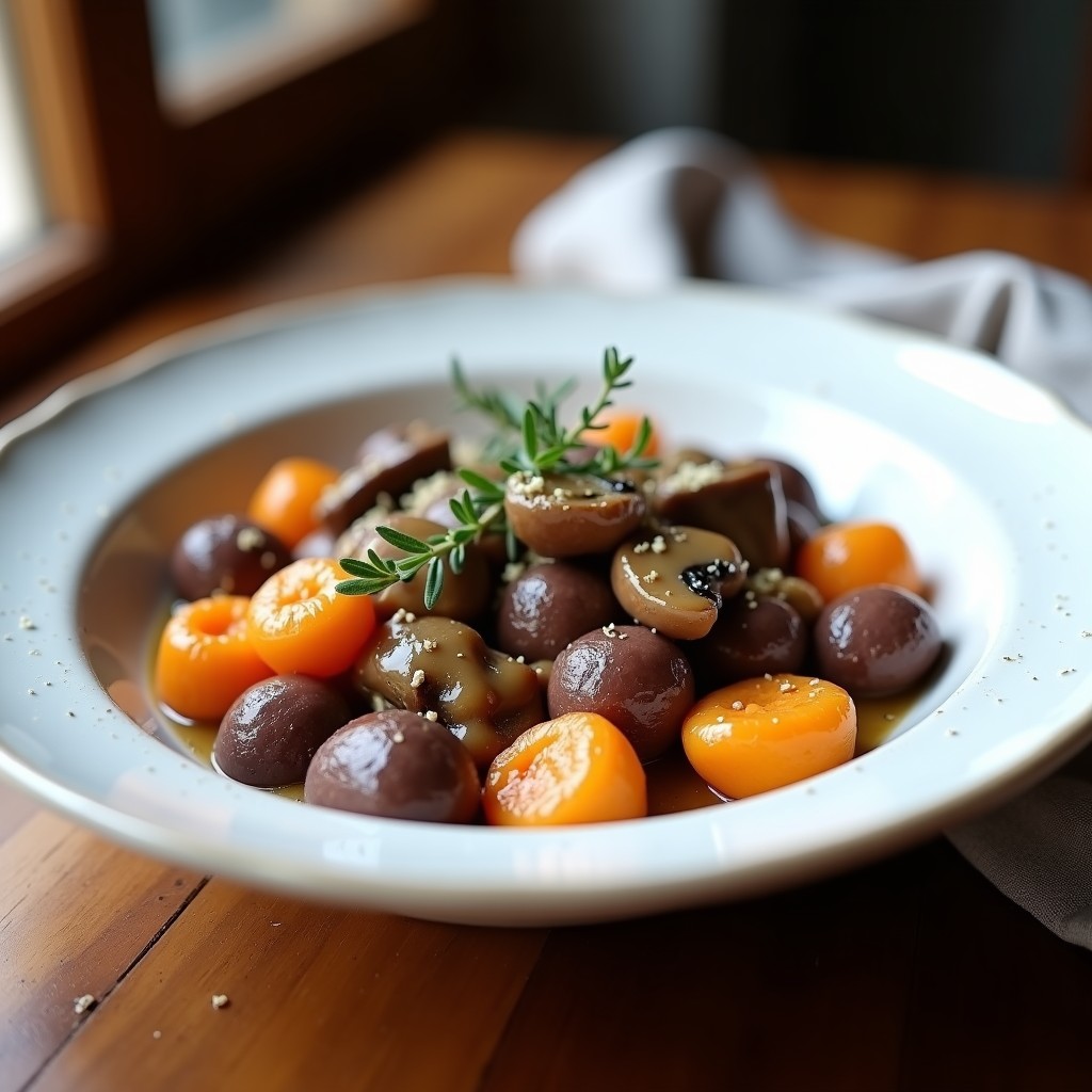 Plato hondo de cerámica blanca con ñoquis de batata morada de color púrpura intenso, bañados en una salsa cremosa de champiñones y ajo negro. Decorado con hojas de tomillo fresco y levadura nutricional espolvoreada. Fondo rústico con servilleta de lino.