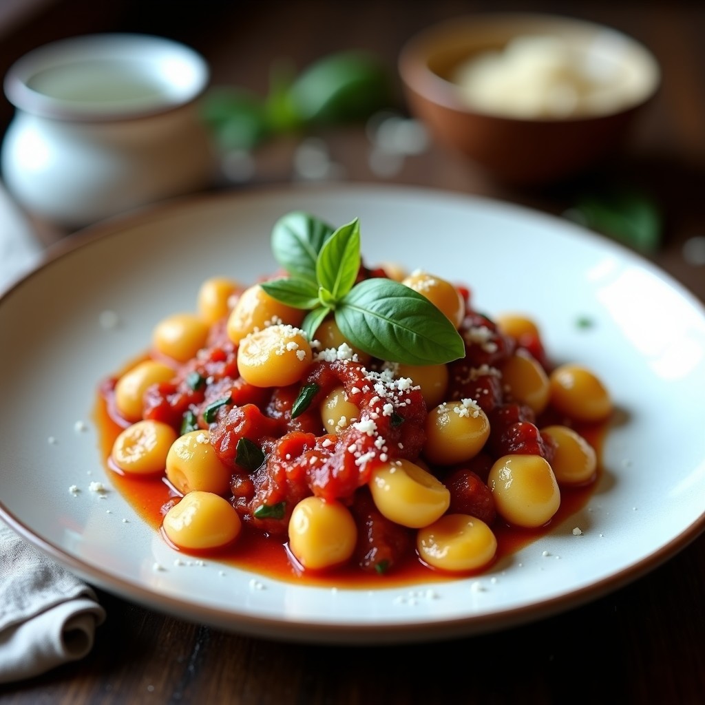 Plato blanco con ñoquis de mandioca y espinacas dorados, bañados en salsa de tomate seco brillante con trozos de ajo y albahaca fresca, receta argentina sin gluten.