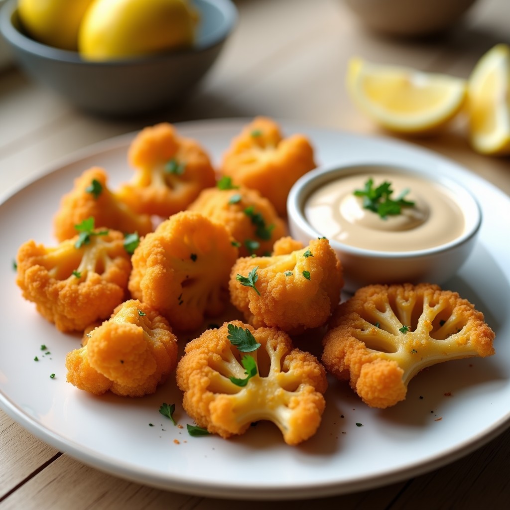 Plato blanco con nuggets de coliflor y garbanzos dorados y crujientes, acompañados de un bol pequeño con salsa de tahini cremosa y perejil fresco. Receta de snack crujiente en airfryer sin gluten.