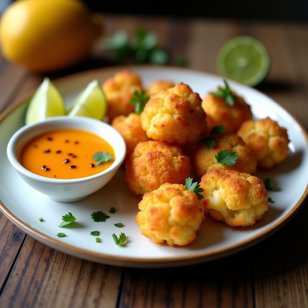 Nuggets de coliflor dorados y crujientes servidos en un plato blanco rústico, acompañados de un bol pequeño con salsa de mango habanero de color naranja intenso. Decorados con cilantro fresco picado y rodajas de lima, con fondo de madera oscura y luz natural.