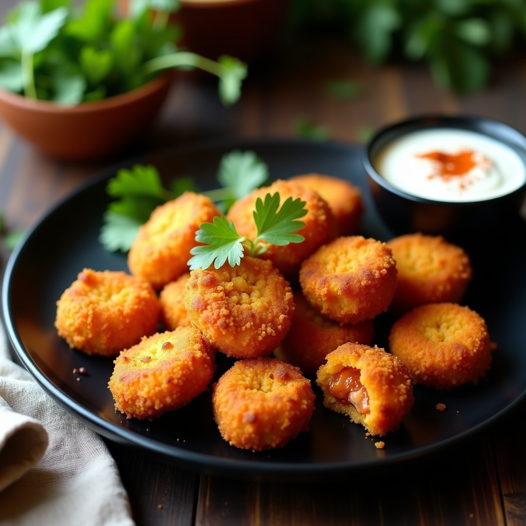Nuggets dorados y crujientes de jackfruit con costra de especias berberé, dispuestos en un plato de cerámica negra con salsa cremosa y hierbas frescas, receta etíope vegana en airfryer.