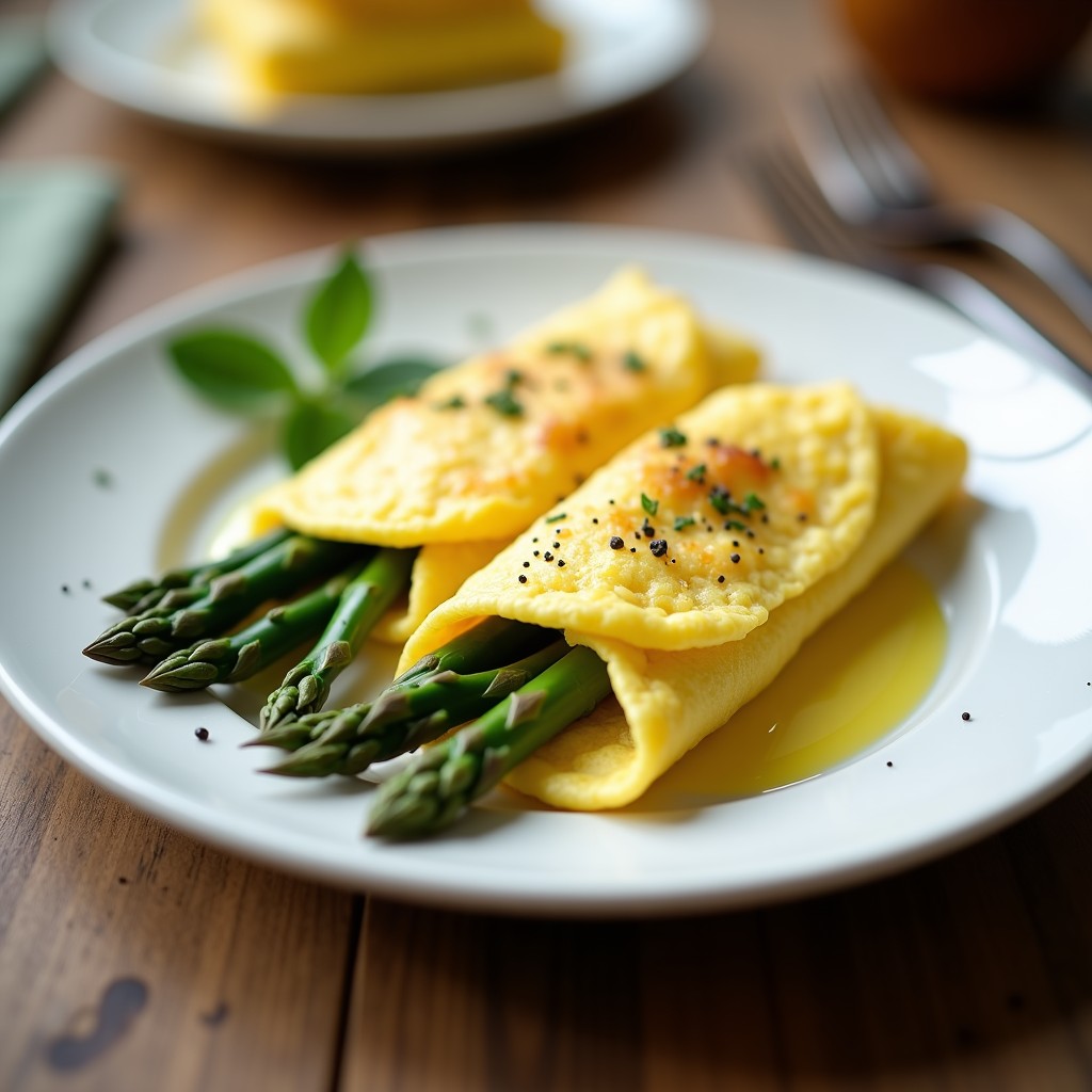 Omelette esponjosa de claras de huevo con espárragos trigueros salteados y queso vegano de anacardos derretido, servida en plato blanco con toque de cúrcuma y pimienta negra.