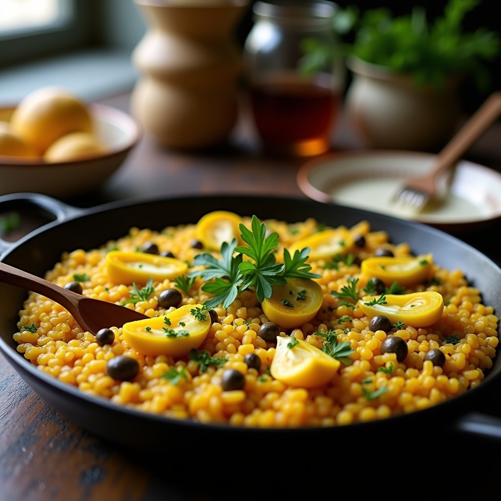 Paella vegana española en sartén de hierro con alcachofas tiernas, alcaparras y almendras fileteadas, decorada con perejil fresco y gajos de limón. El arroz presenta un dorado socarrat en el fondo.