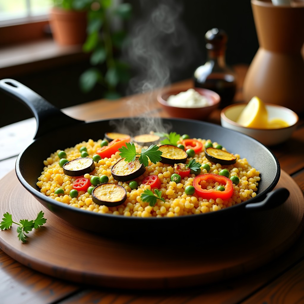 Paella de quinoa y verduras con azafrán en sartén de hierro, con pimientos rojos y verdes, calabacín, guisantes y alcachofas, decorada con perejil fresco y gajos de limón. Receta vegana y sin gluten.