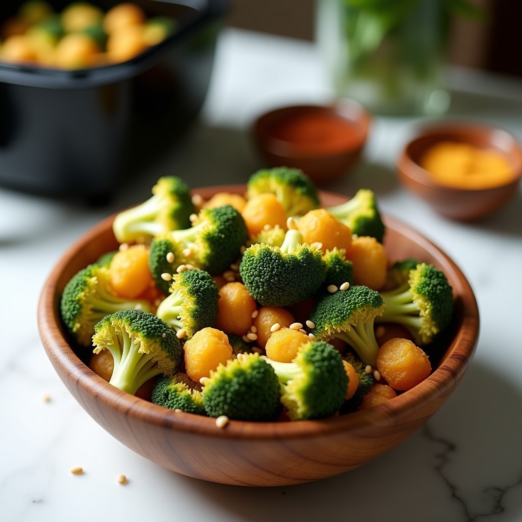 Palomitas de brócoli doradas y crujientes en un bol de madera, espolvoreadas con levadura nutricional y semillas de sésamo, con fondo de airfryer abierto y especias al lado.