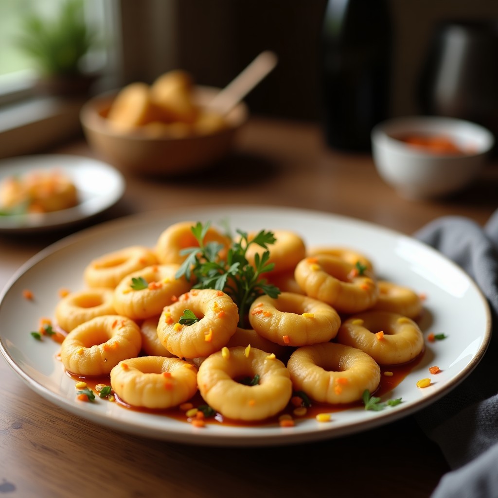 Palomitas de coliflor doradas y crujientes con especias cajún, servidas en un cuenco de barro sobre fondo rústico. Textura escamosa y color vibrante por el pimentón y el ajo en polvo. Receta keto en airfryer sin aceite.