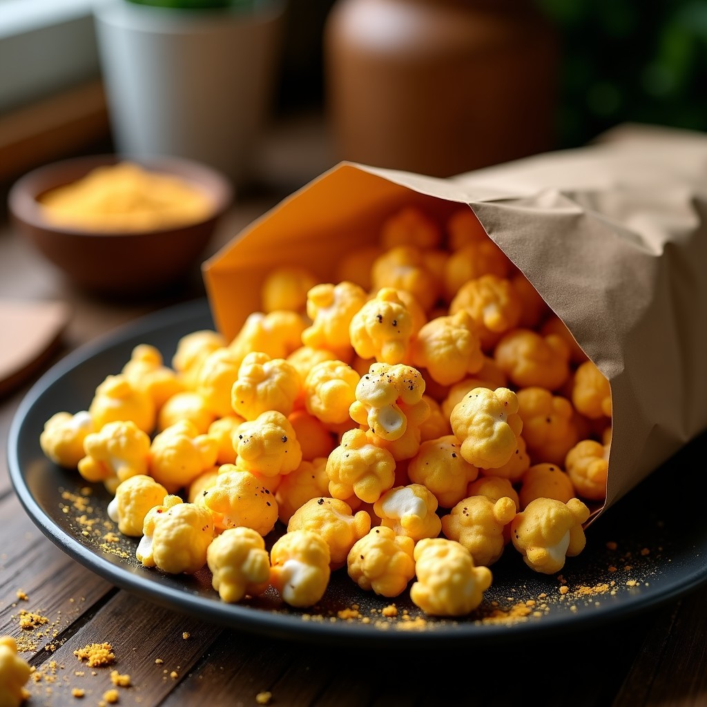 Bolsa de papel kraft llena de palomitas de maíz doradas y esponjosas, espolvoreadas con levadura nutricional, en un fondo rústico de madera. Snack vegano alto en proteína preparado en airfryer.