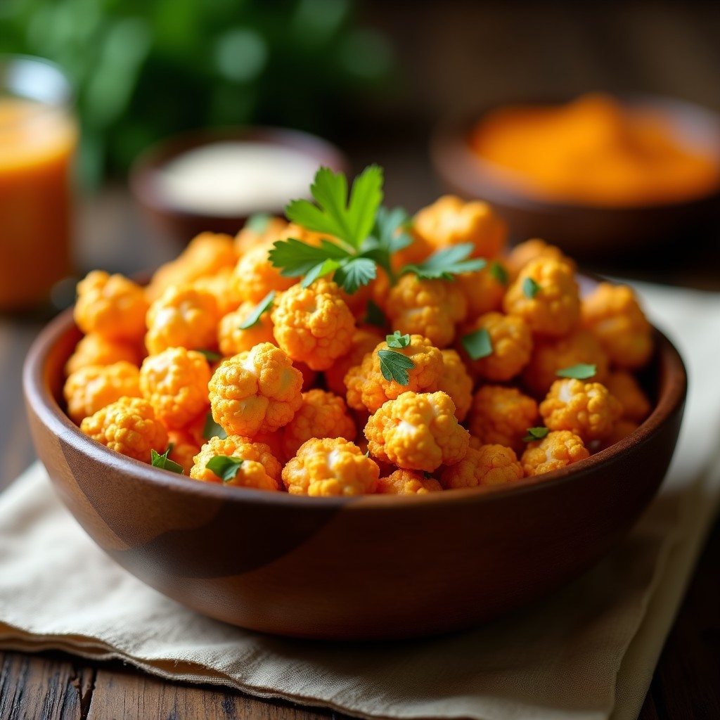 Cuenco de cerámica blanca lleno de palomitas de maíz doradas y crujientes, cubiertas con una mezcla de especias tandoori de color rojizo y mantequilla de anacardo cremosa. Decoradas con hojas de cilantro fresco verde, sobre un fondo de madera rústica con especias esparcidas alrededor. Snack indio vegano palomitas de maíz con especias tandoori y mantequilla de anacardo.