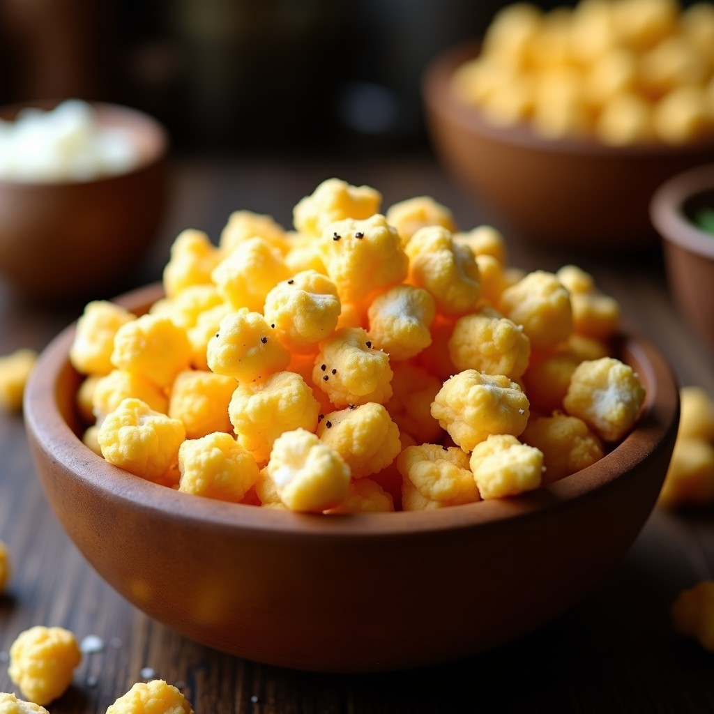 Palomitas de maíz doradas y esponjosas cubiertas de polvo de queso parmesano, servidas en un cuenco de madera sobre fondo rústico. Receta keto y crujiente en airfryer.