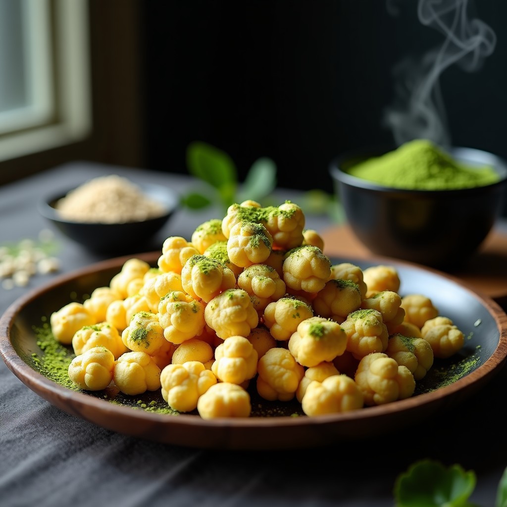 Bol de madera con palomitas de maíz esponjosas, cubiertas de polvo de matcha verde vibrante y semillas de sésamo negro y blanco tostadas. Snack saludable y antioxidante sobre fondo rústico.
