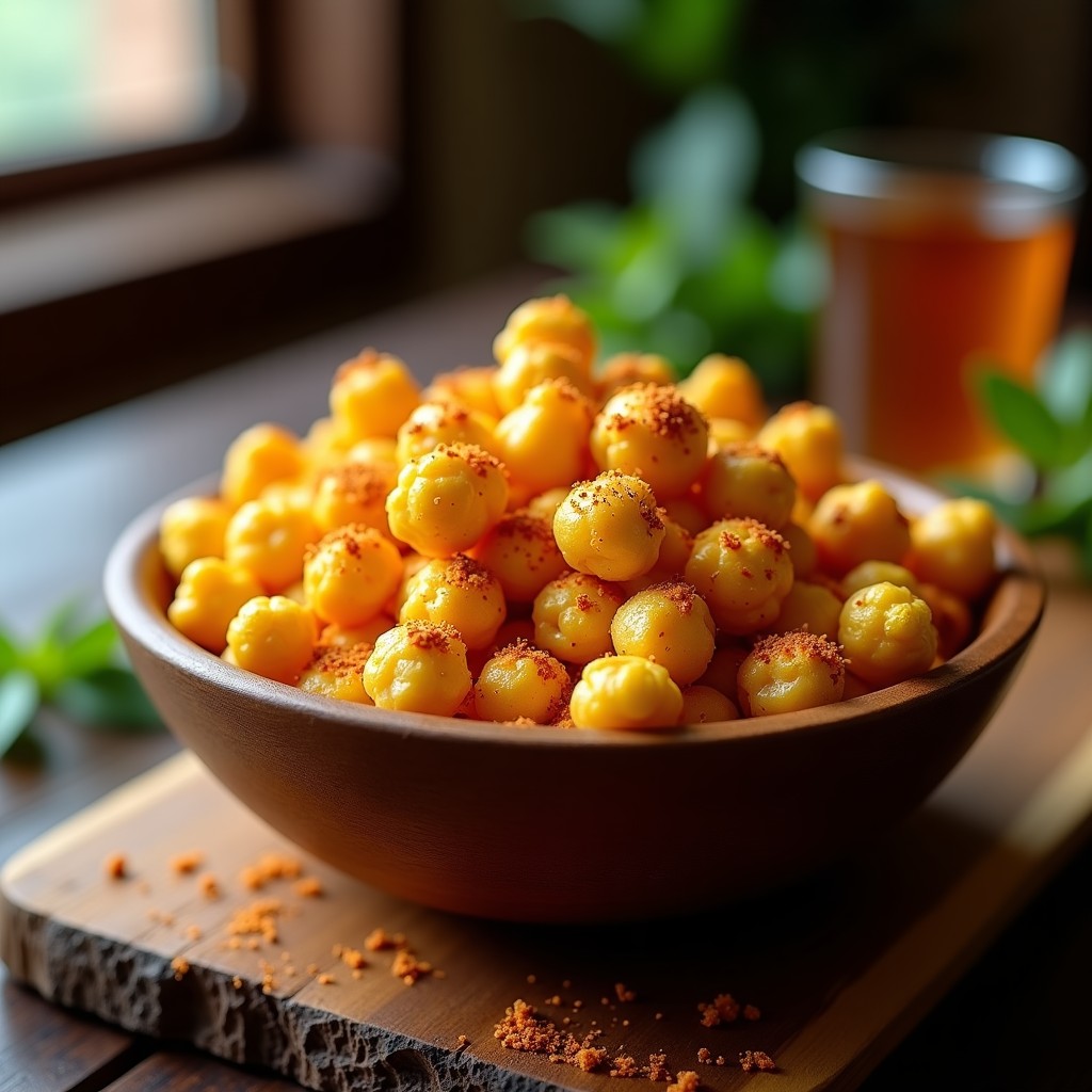 Bowl de madera rústico lleno de palomitas de maíz doradas y esponjosas, generosamente espolvoreadas con especias Ras el Hanout, con un fondo de mesa de madera oscura y un té de menta al lado, receta de aperitivo marroquí crujiente en Airfryer.