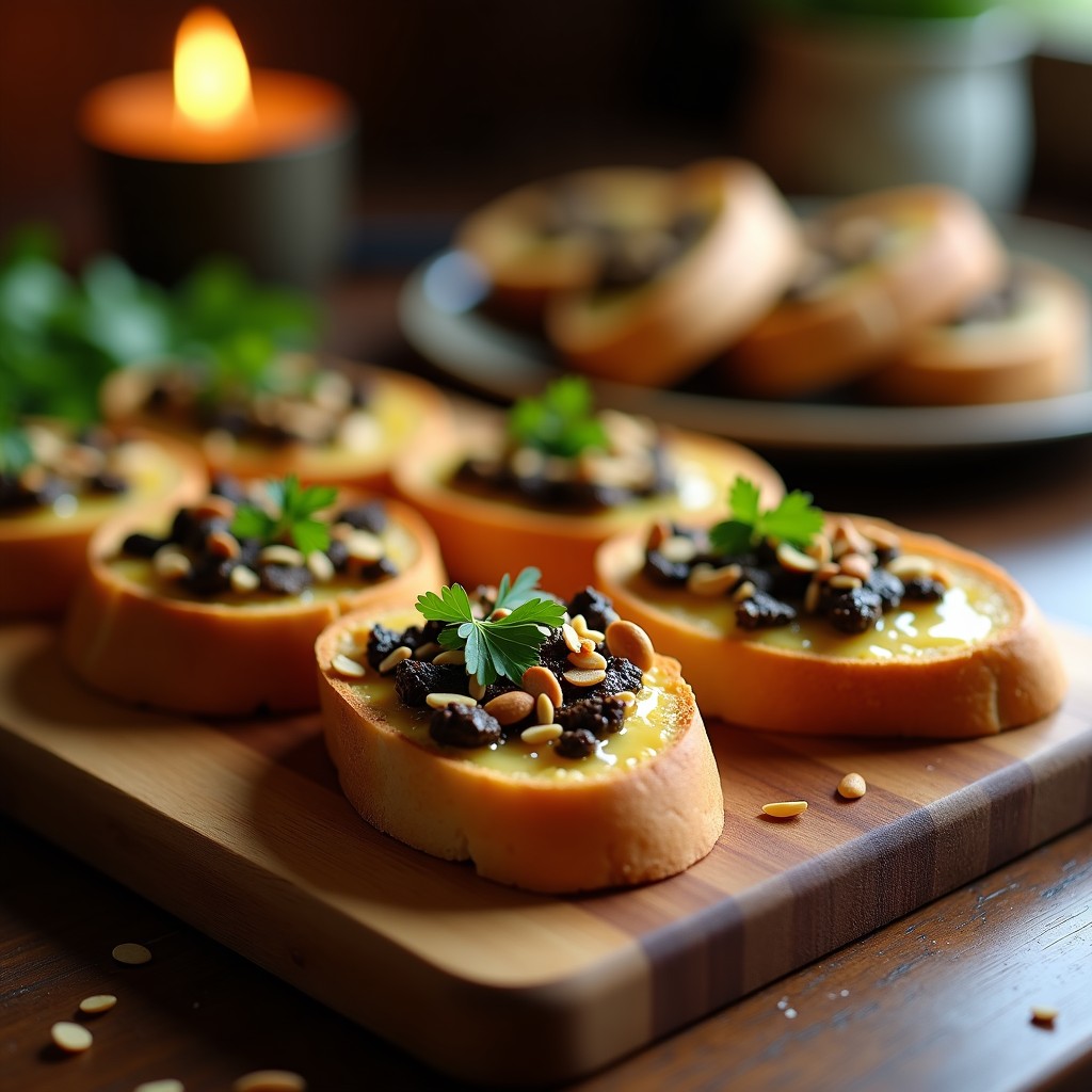 Rodajas de baguette doradas y crujientes con una capa brillante de ajo negro y trocitos de trufa negra, espolvoreadas con almendras fileteadas y perejil fresco, servidas en una tabla de madera rústica.