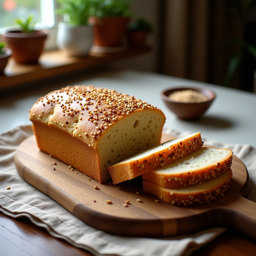 Pan de ajonjolí y harina de almendra sin gluten recién horneado, con corteza dorada y semillas de sésamo tostadas en la superficie, cortado en rebanadas gruesas sobre una tabla de madera rústica.