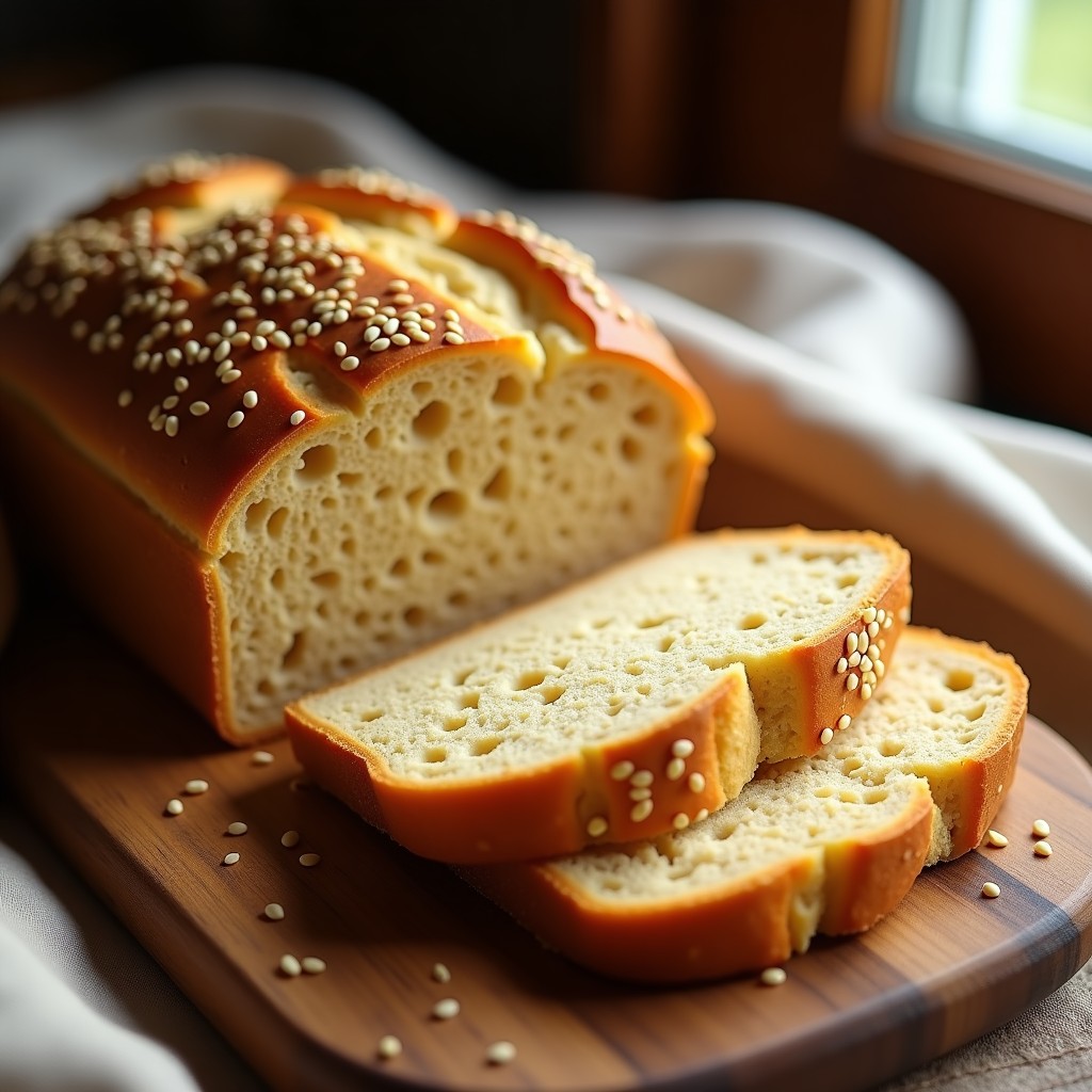Pan de ajonjolí y harina de teff recién horneado, con corteza dorada y semillas de sésamo tostadas en la superficie, servido en tabla de madera con rebanadas visibles que muestran su textura esponjosa y color marrón oscuro. Receta etíope sin gluten y alta en calcio.