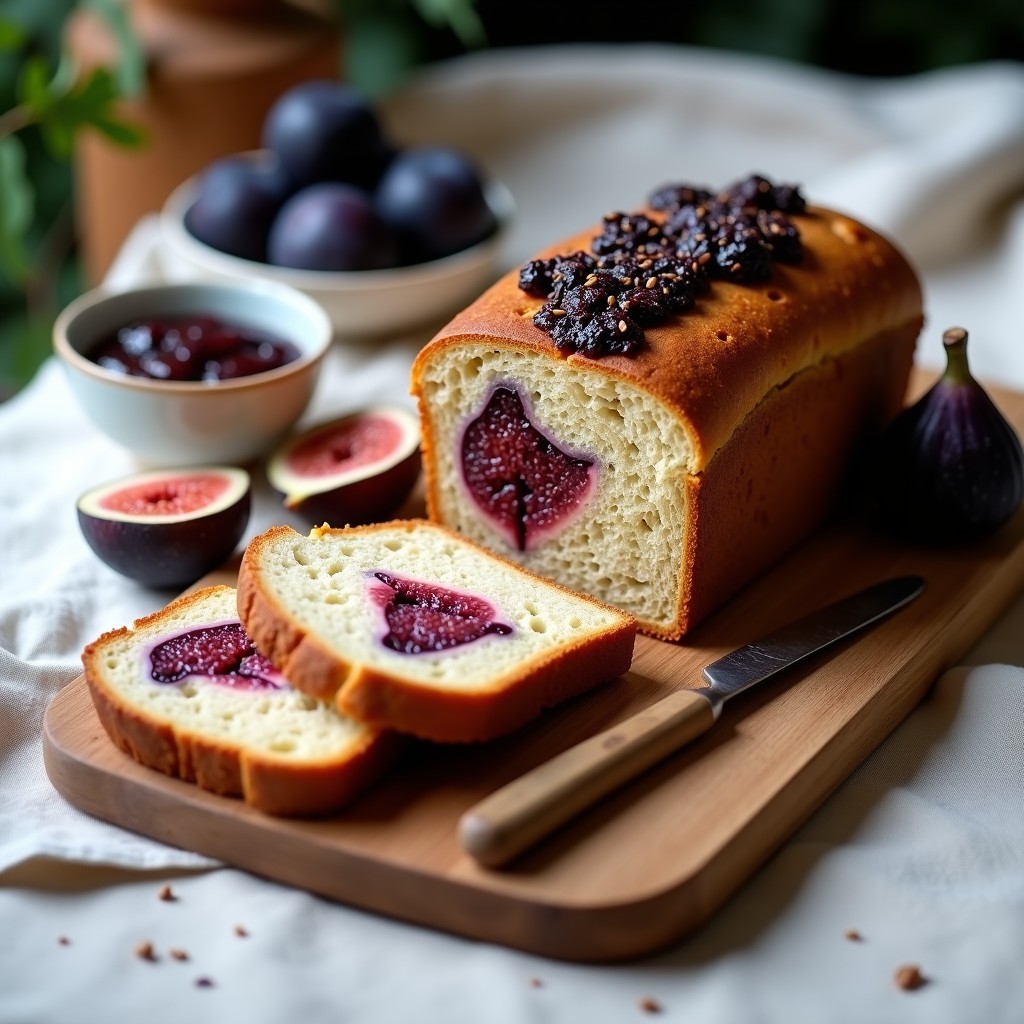 Pan de avena y semillas de lino rebanado, con vetas de compota de higo oscuro y semillas de chía espolvoreadas. Textura esponjosa y dorada, servido sobre una tabla de madera rústica con higos frescos y un cuchillo de mantequilla al lado.