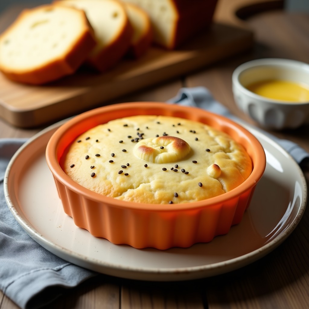 Pan bajo en carbohidratos recién horneado en molde redondo, dorado por fuera y esponjoso por dentro, con semillas de chía visibles, receta keto sin horno.