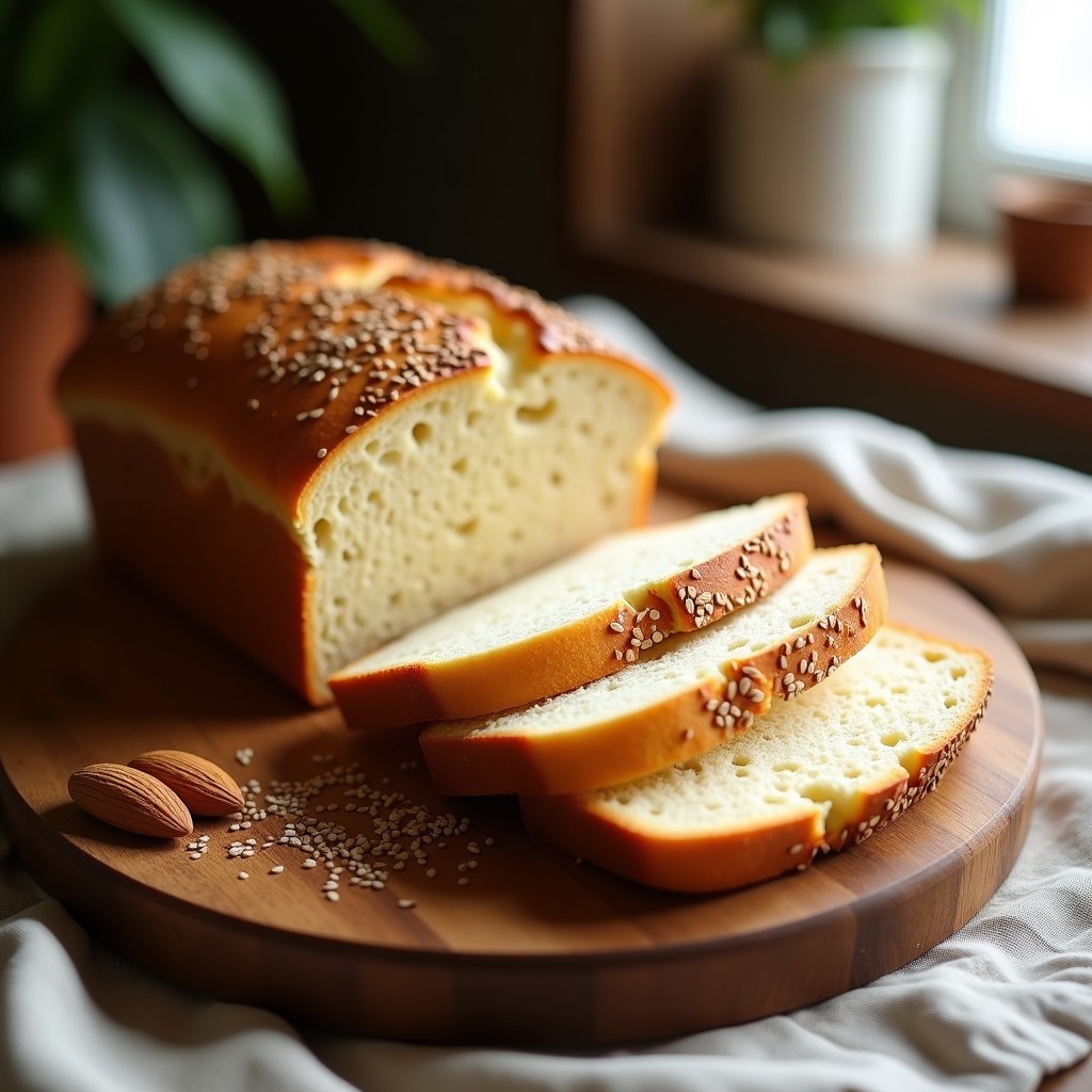 Pan bajo en carbohidratos de almendra y semillas recién horneado, dorado y esponjoso, cortado en rebanadas sobre una tabla de madera rústica con semillas de chía y lino esparcidas alrededor.