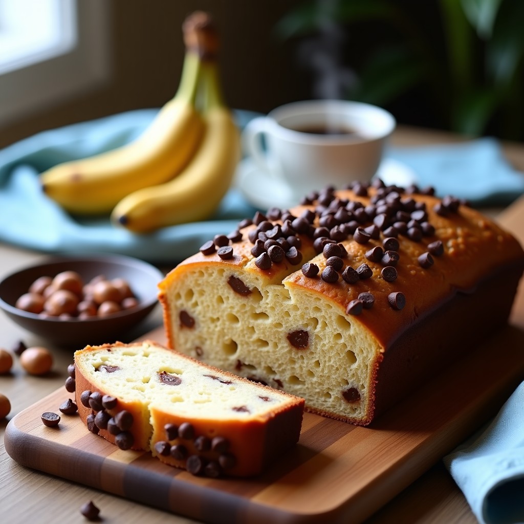 Pan de banana keto con avellanas y chips de chocolate 85% recién horneado, corte mostrando su textura esponjosa y dorada, servido sobre tabla de madera con chips de chocolate derretidos a la vista.