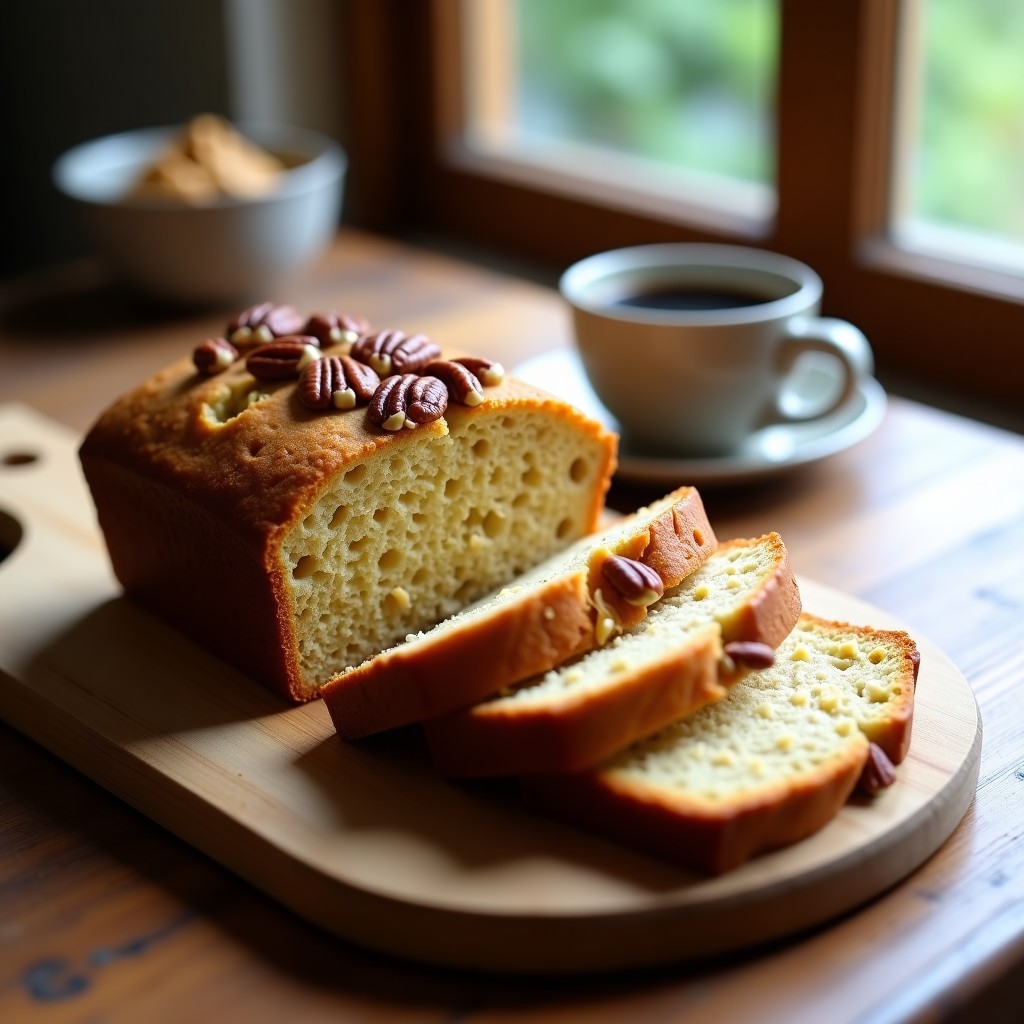 Pan de banana y harina de cricket keto recién horneado, cortado en rebanadas gruesas, con textura esponjosa y dorada, decorado con nueces pecanas tostadas. Ideal para desayuno alto en proteína y sin gluten.