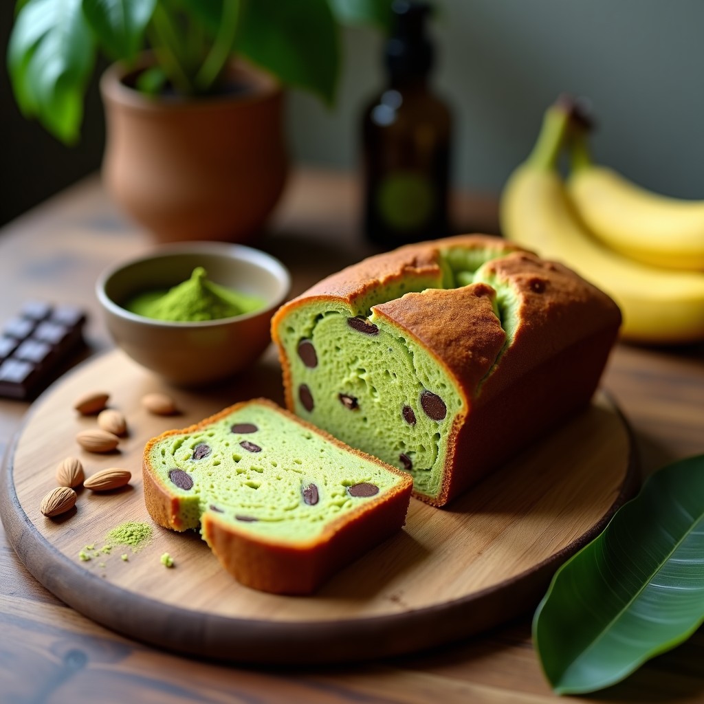 Pan de banana y matcha con trozos de chocolate 90% cortado en rebanadas gruesas, mostrando su textura esponjosa y color verde intenso salpicado de chocolate negro. Desayuno keto sin harina sobre tabla de madera rústica con hojas de matcha y trozos de chocolate alrededor.
