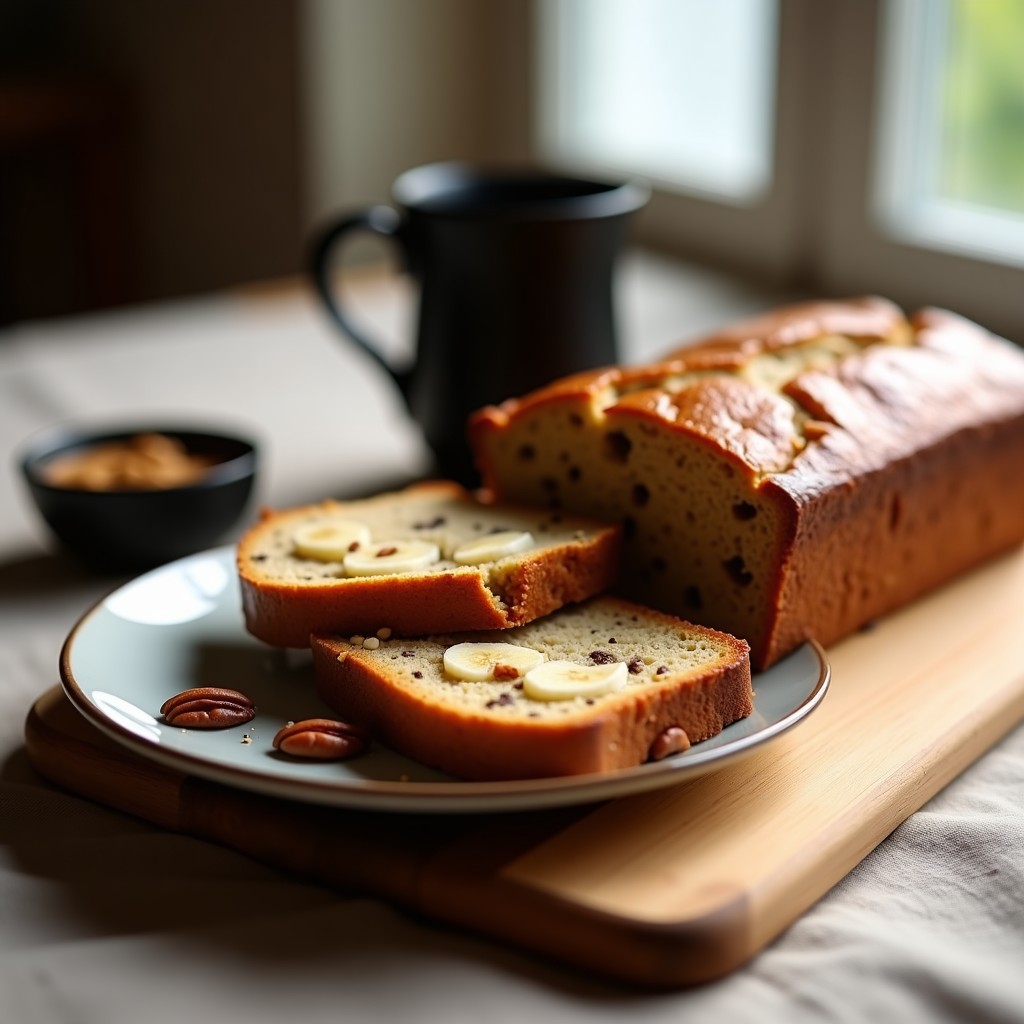 Pan de banano y nueces con harina de almendra keto recién horneado, dorado y esponjoso, con trozos de nueces pecanas visibles en la superficie. Cortado en rebanadas gruesas sobre una tabla de madera rústica, acompañado de una taza de café negro.