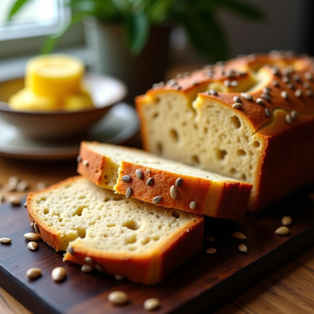 Pan de banano keto dorado con semillas de girasol tostadas en la superficie, cortado en rebanadas gruesas sobre tabla de madera rústica. Desayuno sin harina y alto en fibra preparado en airfryer.