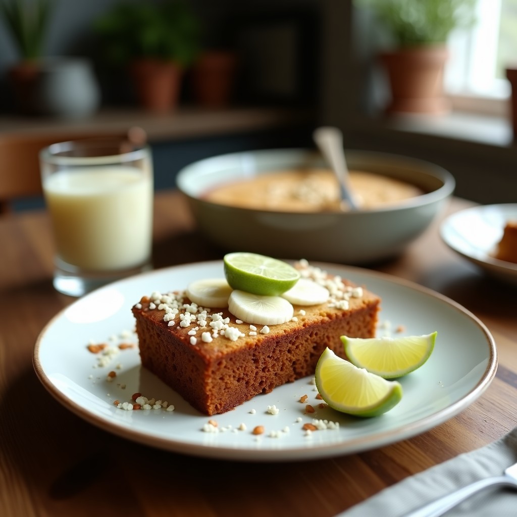 Pan banano vegano esponjoso con trozos de coco rallado y ralladura de lima, servido en rodajas sobre una tabla de madera rústica con hojas de menta fresca y un cuenco de limas al fondo.