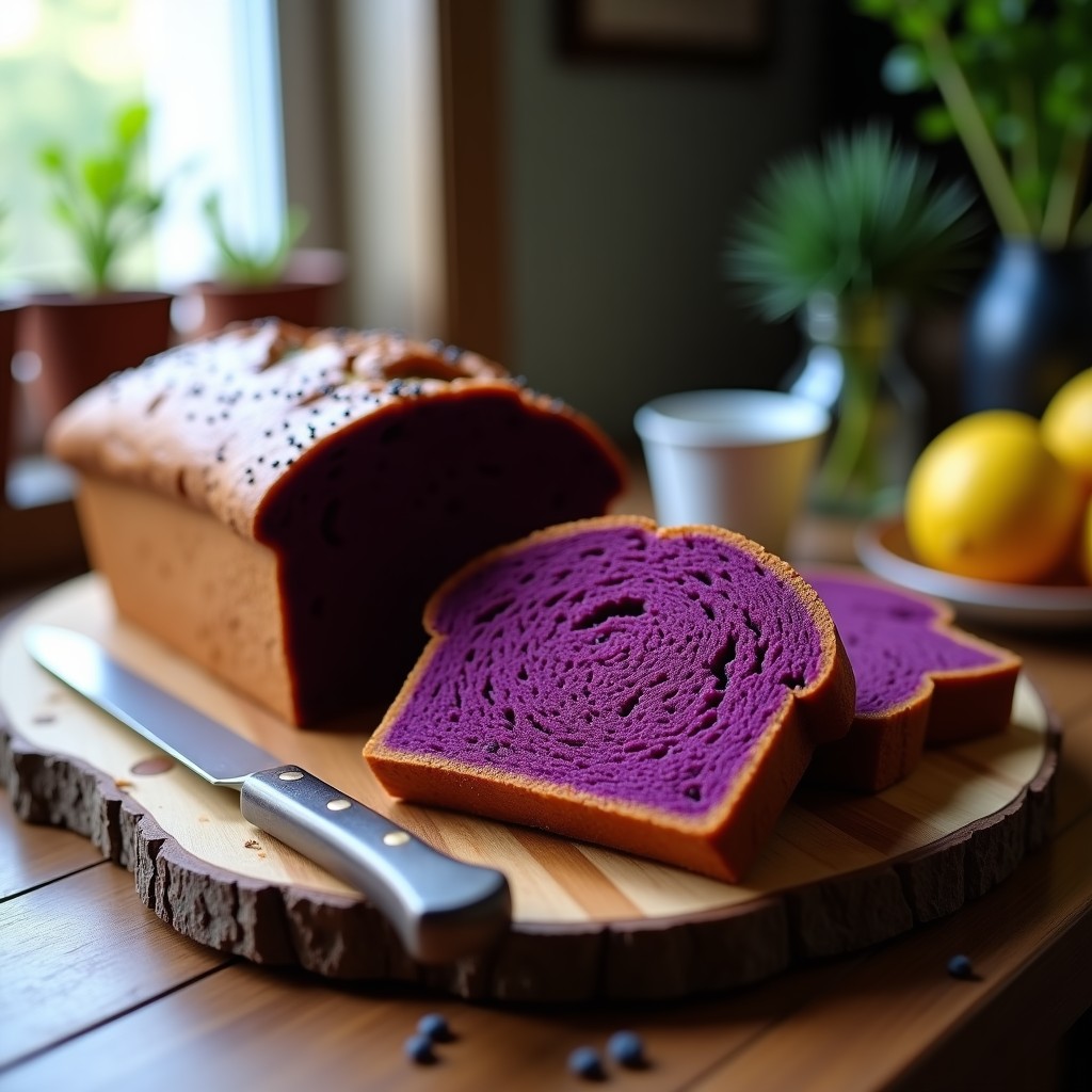 Pan de batata morada y semillas de chía recién horneado, con corteza dorada y semillas brillantes en la superficie, sobre una tabla de madera rústica con rebanadas cortadas y un cuchillo de sierra.