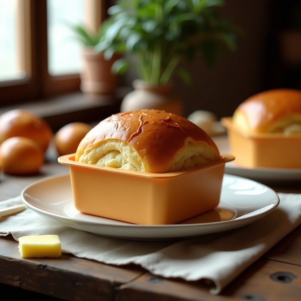 Pan brioche casero dorado y esponjoso en molde de silicona, con miga aireada y textura sedosa, receta tradicional francesa.