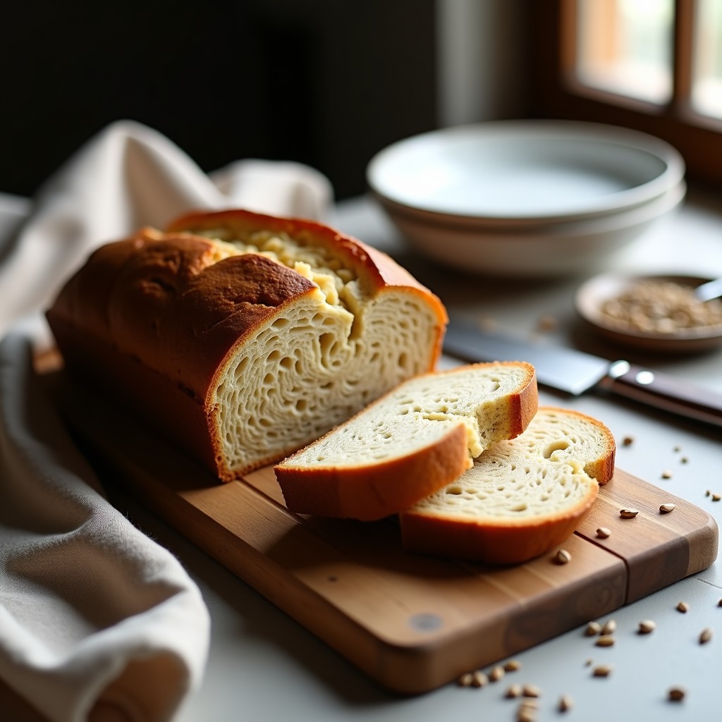 Pan de centeno y semillas de chía sin gluten recién horneado, con corteza dorada y migas esponjosas, sobre tabla de madera rústica.